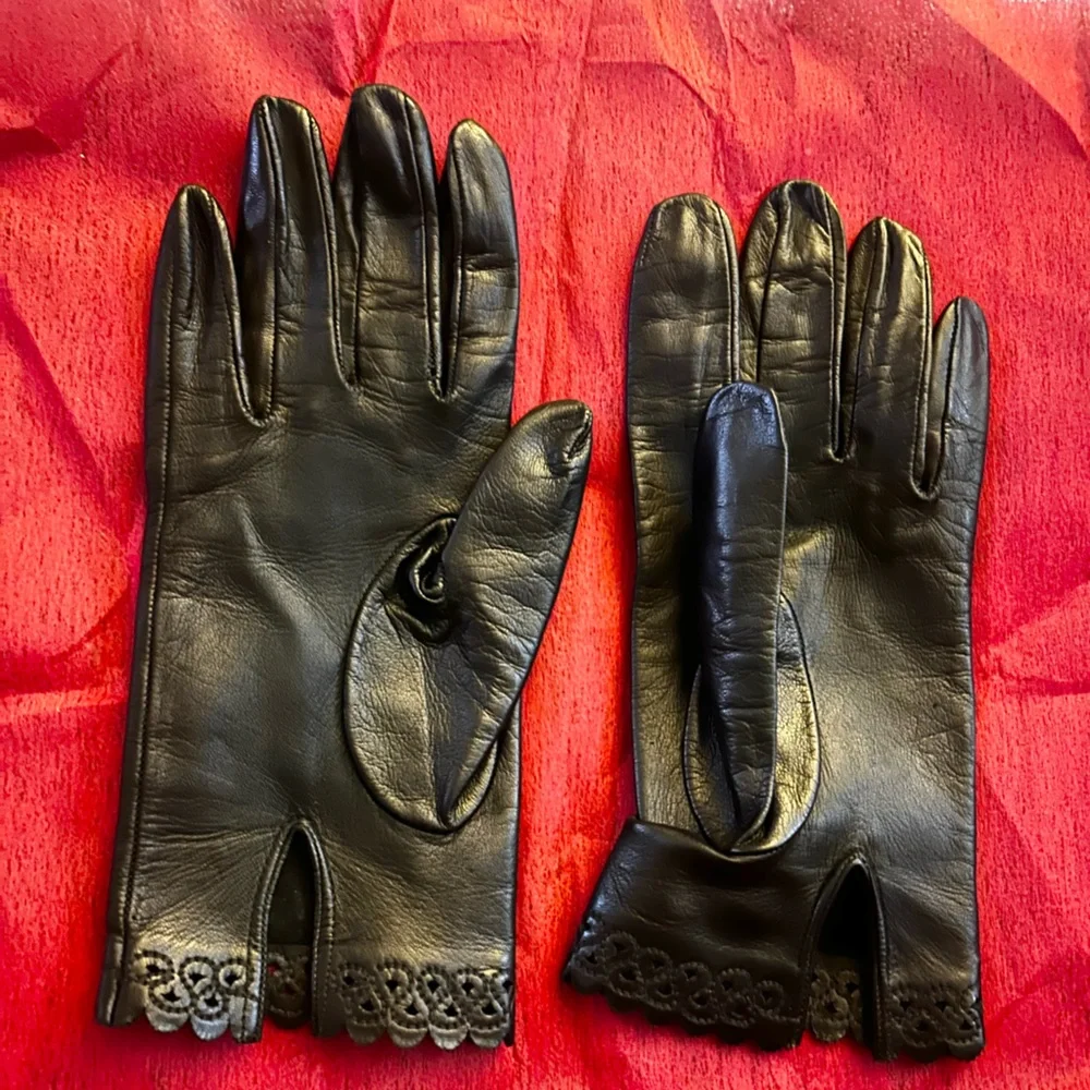 Vintage Elegant Black Leather Gloves with Lace Laser Cut Out Trim Cuffs
